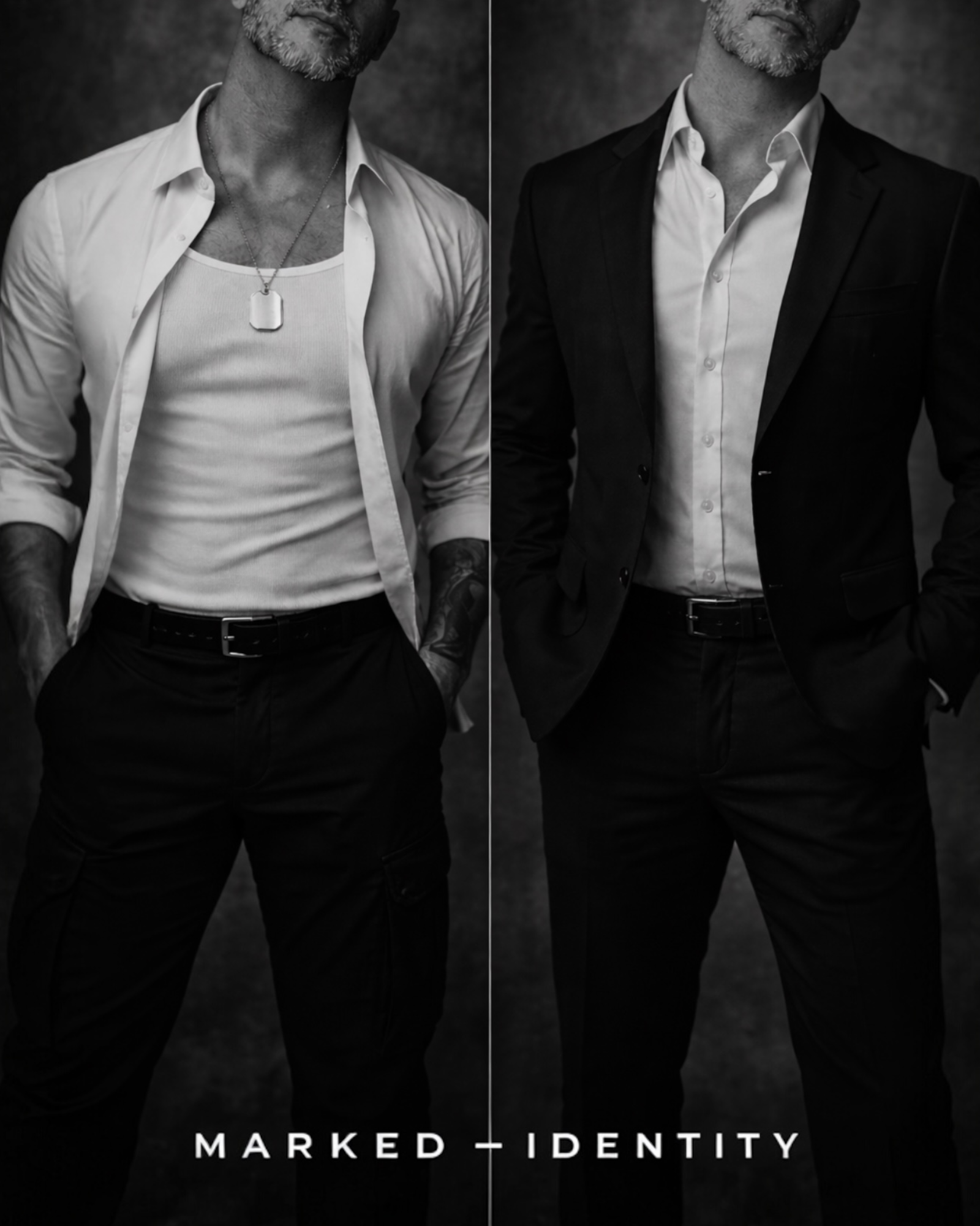 black and white portrait of man wearing sterling silver dog tag necklace with open shirt and tailored suit representing MARKED identity collection