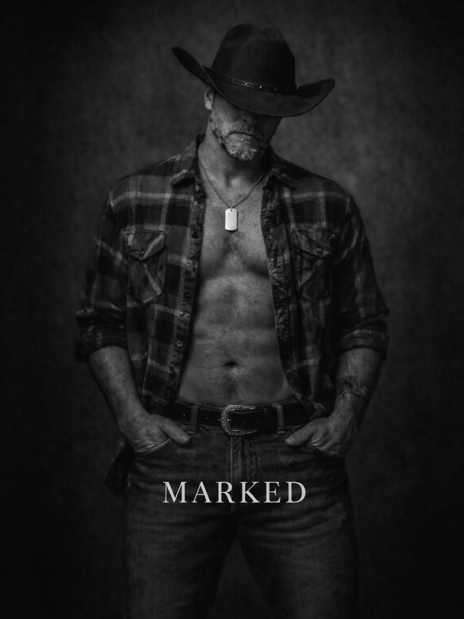 Black and white portrait of a rugged man in cowboy hat wearing a dog tag necklace, representing masculine dominance and identity – MARKED jewellery